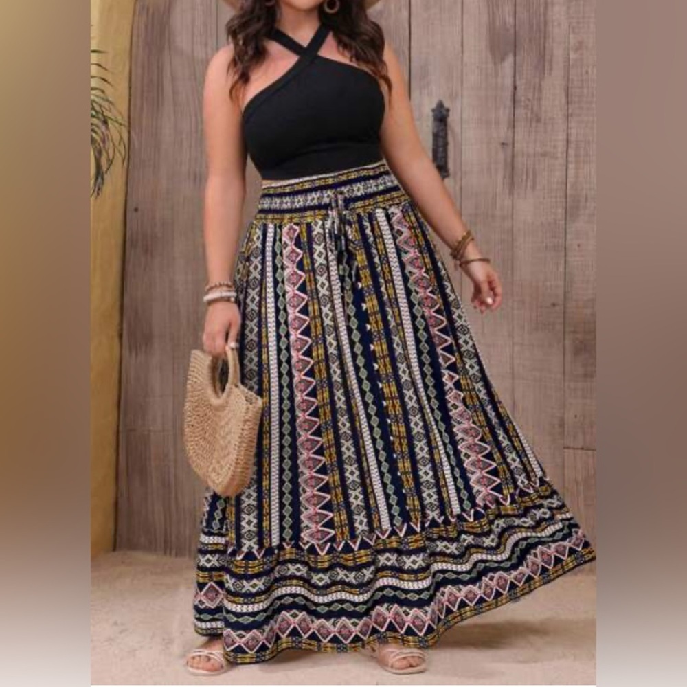 SHEIN Black and White A-line Maxi Skirt Pleated Casual